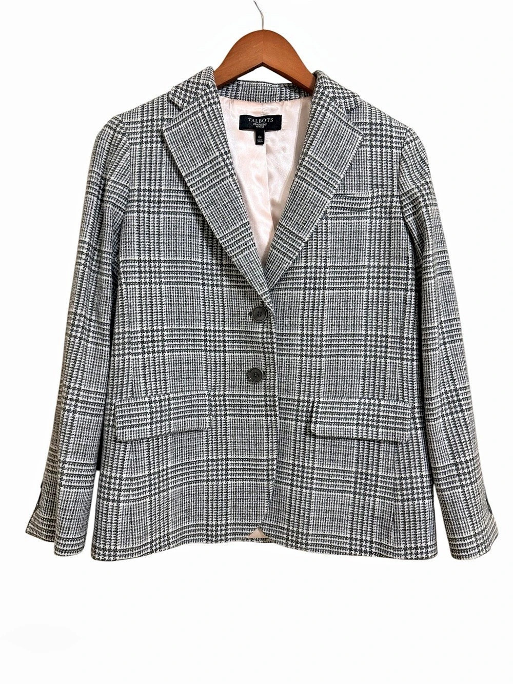 Talbots Gray & White Glen Plaid Blazer Button Front Wool Blend Women’s Size 6P